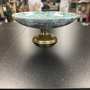 Delft Holland Gold Aqua Marbled Pedestal Dish Bowl